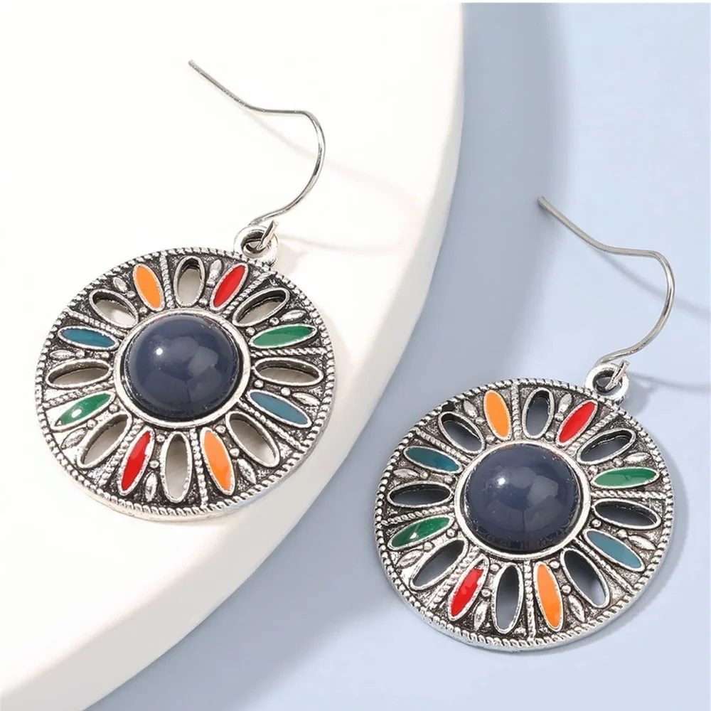 Boho Vintage Enamel Mandala Dangle Earrings Silver Tone